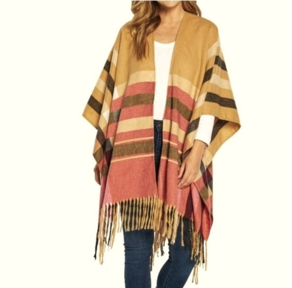Woolrich Justine Plaid Poncho Wrap Shawl Tan Pink Black Fringe